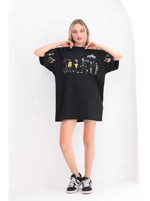 Kadın Kısa Kol Yazlık Tişört Bisiklet Yaka Baskılı Oversize T-shirt - Siyah