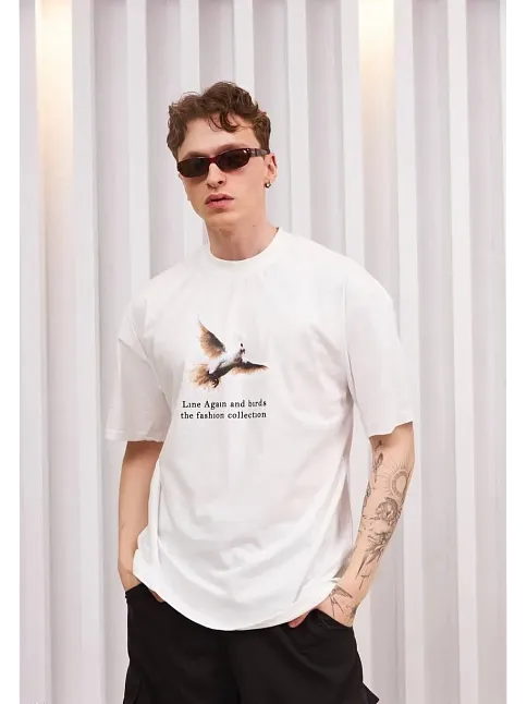 Erkek Kısa Kol Yazlık Tişört Bisiklet Yaka Baskılı Oversize T-shirt - Siyah
