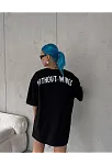 Kadın Kısa Kol Yazlık Tişört Bisiklet Yaka Baskılı Oversize T-shirt -  Siyah