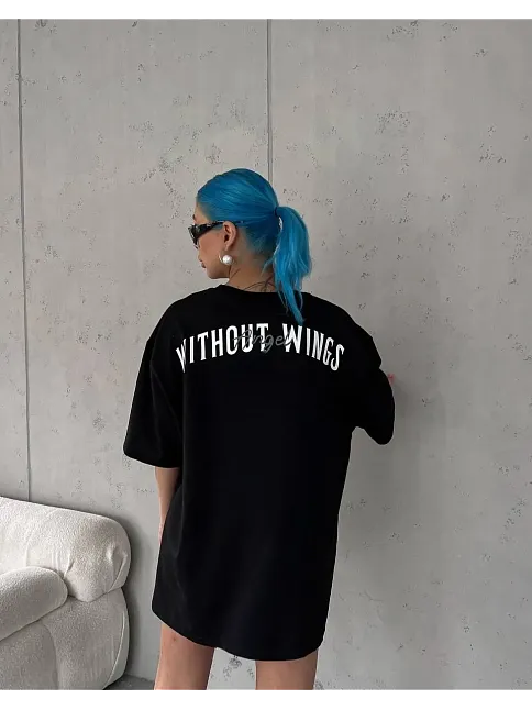 Kadın Kısa Kol Yazlık Tişört Bisiklet Yaka Baskılı Oversize T-shirt -  Siyah