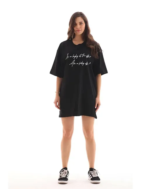 Kadın Kısa Kol Yazlık Tişört Bisiklet Yaka Baskılı Oversize T-shirt - Siyah