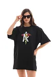Kadın Baskılı T-shirt Kısa Kol Bisiklet Yaka Regular Fit Rahat Kalıp Günlük Tişört -siyah