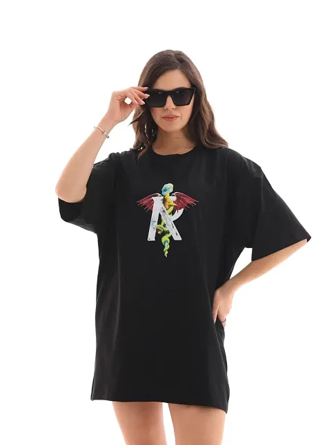 Kadın Baskılı T-shirt Kısa Kol Bisiklet Yaka Regular Fit Rahat Kalıp Günlük Tişört -siyah
