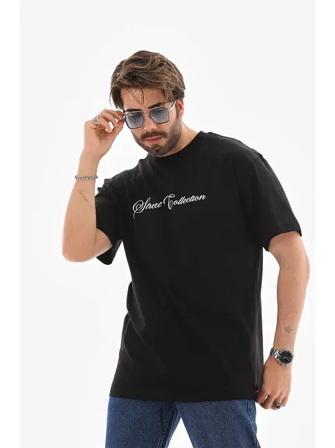 Erkek Kısa Kol Yazlık Tişört Bisiklet Yaka Baskılı Oversize T-shirt - Siyah
