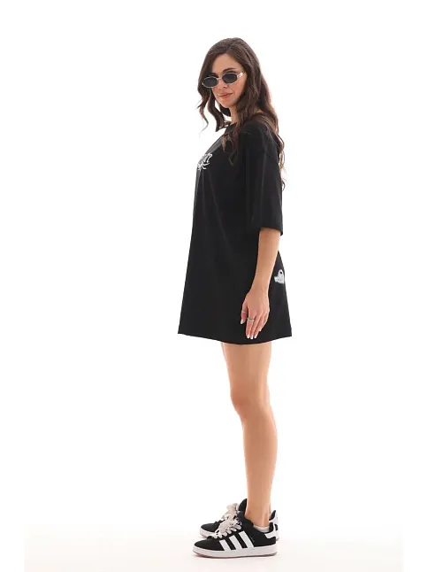 Kadın Kısa Kol Yazlık Tişört Bisiklet Yaka Baskılı Oversize T-shirt - Siyah