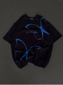 Kadın Bisiklet Yaka Baskılı Oversize T-shirt - Siyah