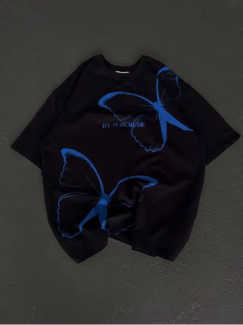 Kadın Bisiklet Yaka Baskılı Oversize T-shirt - Siyah