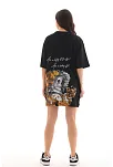 Kadın Kısa Kol Yazlık Tişört Bisiklet Yaka Baskılı Oversize T-shirt - Siyah