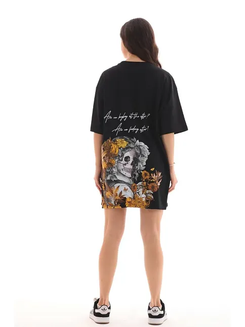 Kadın Kısa Kol Yazlık Tişört Bisiklet Yaka Baskılı Oversize T-shirt - Siyah