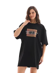 Kadın Baskılı T-shirt Kısa Kol Bisiklet Yaka Oversize Rahat Kalıp Tişört - Siyah
