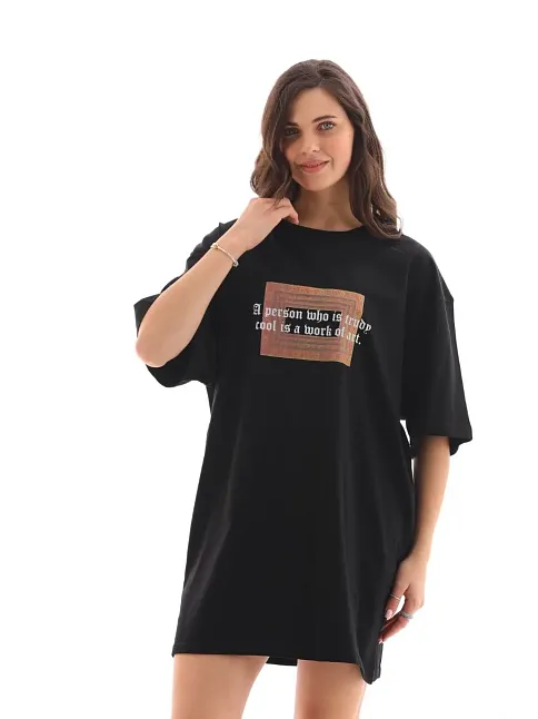 Kadın Baskılı T-shirt Kısa Kol Bisiklet Yaka Oversize Rahat Kalıp Tişört - Siyah