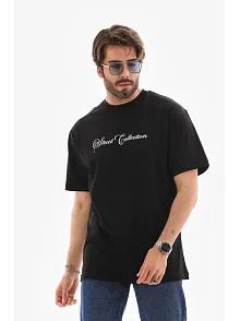 Erkek Kısa Kol Yazlık Tişört Bisiklet Yaka Baskılı Oversize T-shirt - Siyah