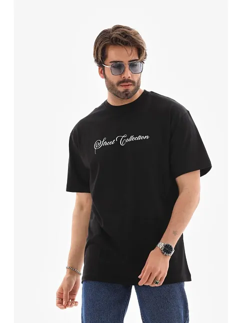 Erkek Kısa Kol Yazlık Tişört Bisiklet Yaka Baskılı Oversize T-shirt - Siyah