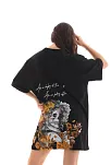 Kadın Kısa Kol Yazlık Tişört Bisiklet Yaka Baskılı Oversize T-shirt - Siyah
