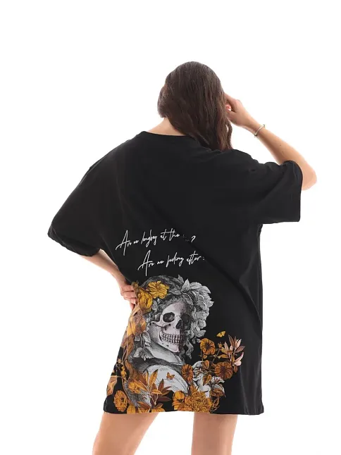 Kadın Kısa Kol Yazlık Tişört Bisiklet Yaka Baskılı Oversize T-shirt - Siyah