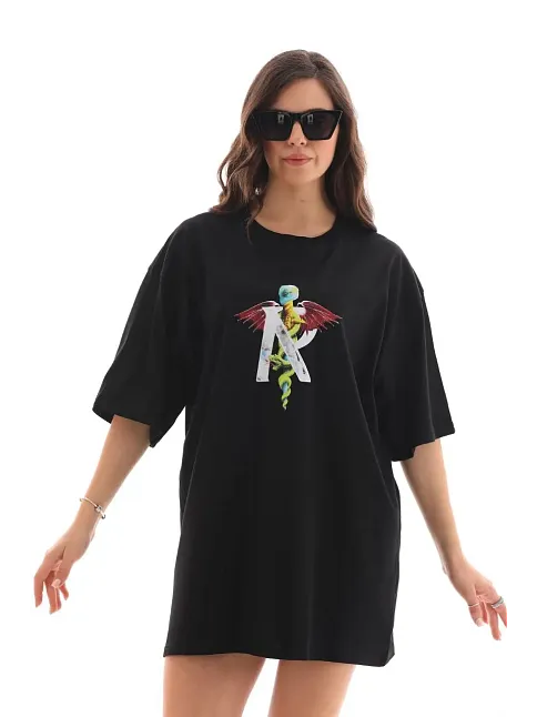 Kadın Baskılı T-shirt Kısa Kol Bisiklet Yaka Regular Fit Rahat Kalıp Günlük Tişört -siyah