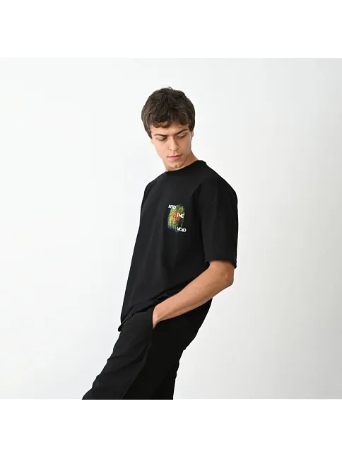 Erkek Kısa Kol Yazlık Tişört Bisiklet Yaka Baskılı Oversize T-shirt - Siyah