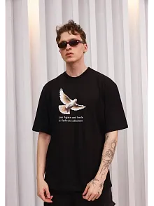Erkek Kısa Kol Yazlık Tişört Bisiklet Yaka Baskılı Oversize T-shirt - Siyah