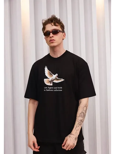 Erkek Kısa Kol Yazlık Tişört Bisiklet Yaka Baskılı Oversize T-shirt - Siyah