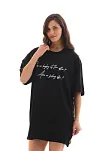 Kadın Kısa Kol Yazlık Tişört Bisiklet Yaka Baskılı Oversize T-shirt - Siyah