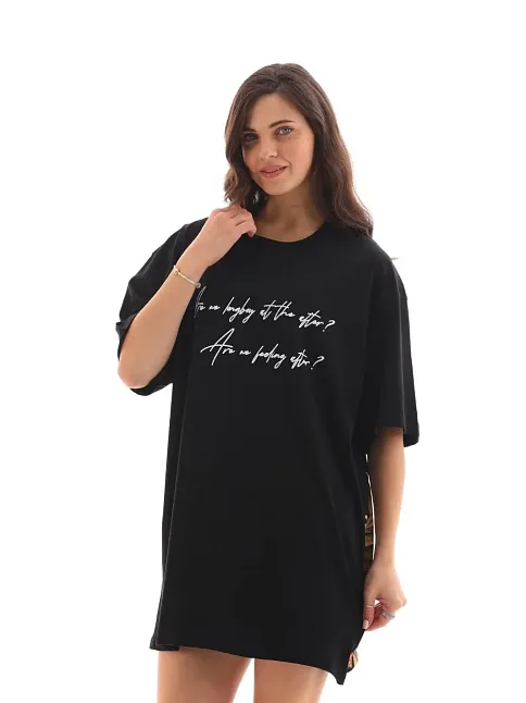 Kadın Kısa Kol Yazlık Tişört Bisiklet Yaka Baskılı Oversize T-shirt - Siyah