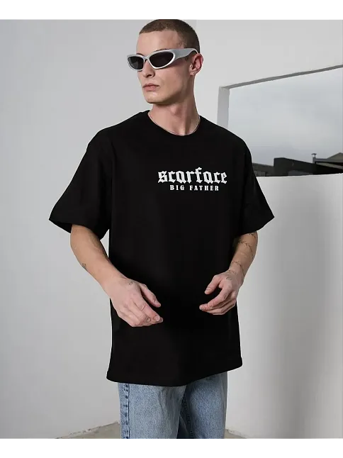 Erkek Kısa Kol Yazlık Tişört Bisiklet Yaka Baskılı Oversize T-shirt - Siyah
