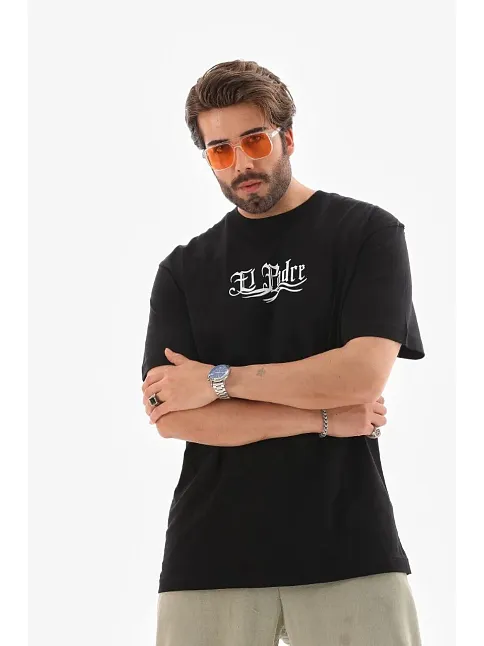 Erkek Kısa Kol Yazlık Tişört Bisiklet Yaka Baskılı Oversize T-shirt - Siyah