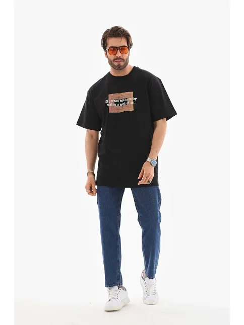 Erkek Baskılı T-shirt Kısa Kol Bisiklet Yaka Regular Fit Rahat Kalıp Tişört -  Siyah