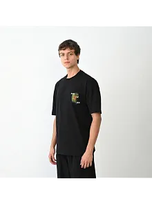 Erkek Kısa Kol Yazlık Tişört Bisiklet Yaka Baskılı Oversize T-shirt - Siyah