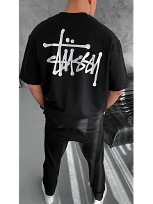 Erkek Kısa Kol Yazlık Tişört Bisiklet Yaka Baskılı Oversize T-shirt - Siyah