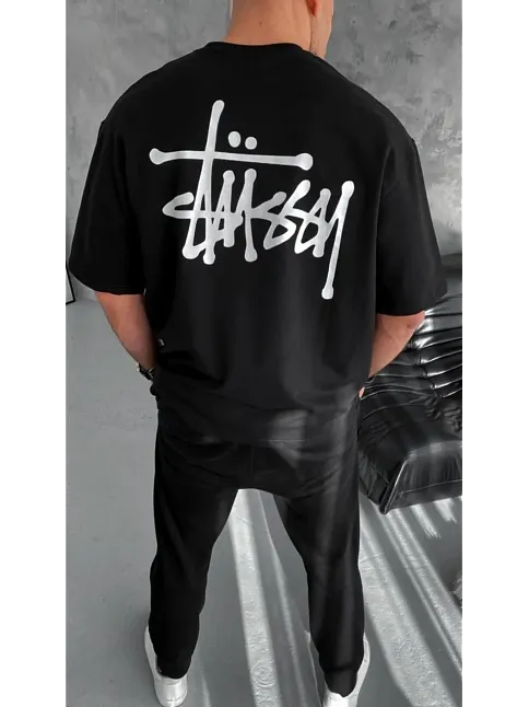 Erkek Kısa Kol Yazlık Tişört Bisiklet Yaka Baskılı Oversize T-shirt - Siyah
