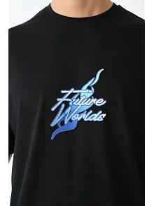 Erkek Kısa Kol Yazlık Tişört Bisiklet Yaka Baskılı Oversize T-shirt - Siyah