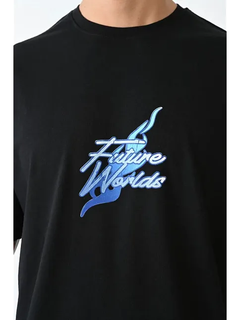 Erkek Kısa Kol Yazlık Tişört Bisiklet Yaka Baskılı Oversize T-shirt - Siyah