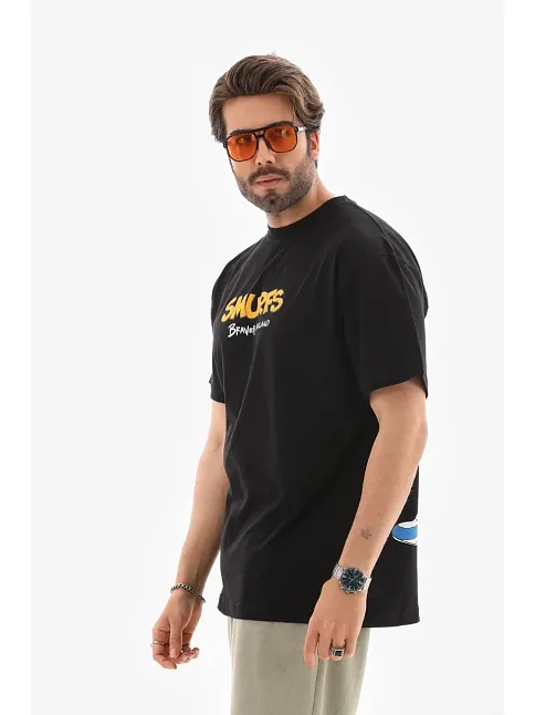Erkek Kısa Kol Yazlık Tişört Bisiklet Yaka Baskılı Oversize T-shirt - Siyah