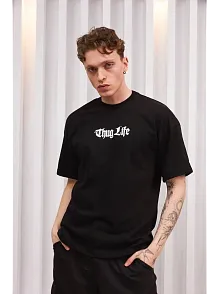 Erkek Bisiklet Yaka Baskılı  Kısa Kol Oversize T-shirt - Siyah