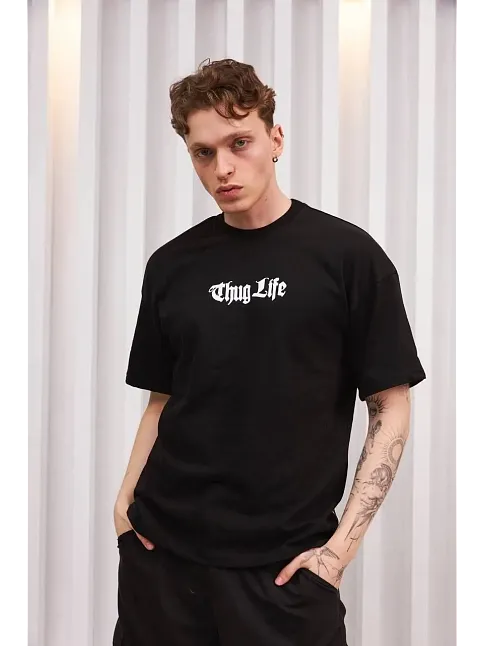Erkek Bisiklet Yaka Baskılı  Kısa Kol Oversize T-shirt - Siyah