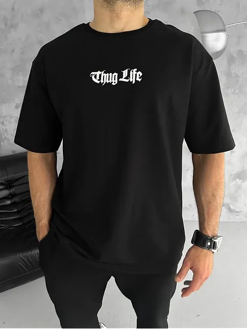 Erkek Kısa Kol Yazlık Tişört Bisiklet Yaka Baskılı Oversize T-shirt - Siyah
