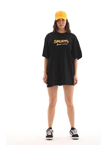 Kadın Kısa Kol Yazlık Tişört Bisiklet Yaka Baskılı Oversize T-shirt - Siyah