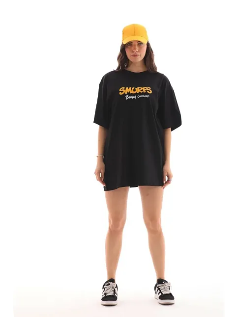 Kadın Kısa Kol Yazlık Tişört Bisiklet Yaka Baskılı Oversize T-shirt - Siyah