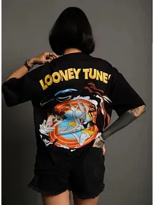 Kadın Bisiklet Yaka Baskılı Oversize  Kısa Kol T-shirt - Siyah