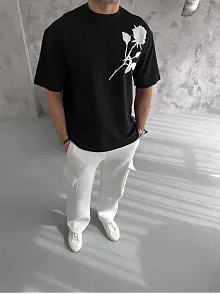 Erkek Kısa Kol Tişört Bisiklet Yaka Gül Baskılı Oversize T-shirt - Siyah