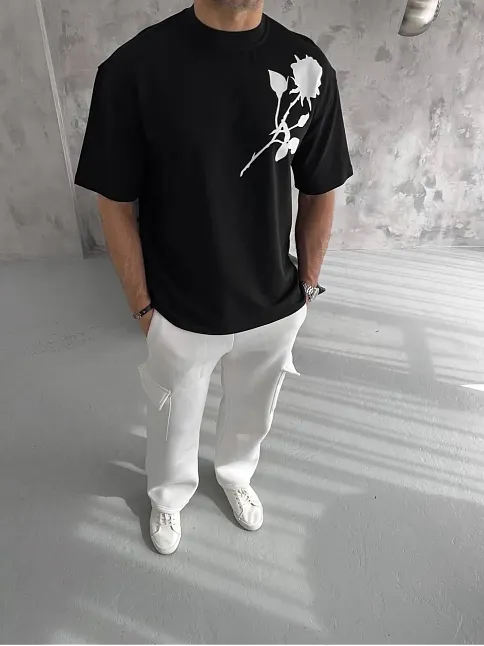 Erkek Kısa Kol Tişört Bisiklet Yaka Gül Baskılı Oversize T-shirt - Siyah