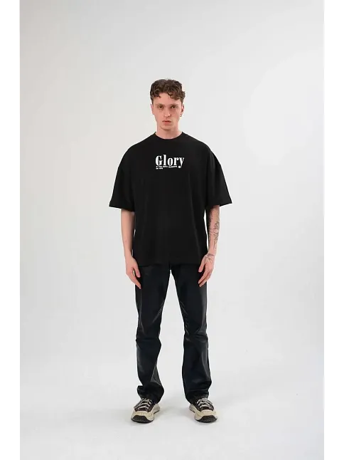 Erkek Kısa Kol Yazlık Tişört Bisiklet Yaka Baskılı Oversize T-shirt -  Siyah