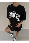 Kadın Bisiklet Yaka Baskılı Oversize Kısa Kol  T-shirt - Siyah