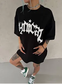 Kadın Bisiklet Yaka Baskılı Oversize Kısa Kol  T-shirt - Siyah