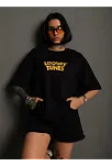 Kadın Bisiklet Yaka Baskılı Oversize  Kısa Kol T-shirt - Siyah