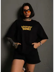 Kadın Bisiklet Yaka Baskılı Oversize  Kısa Kol T-shirt - Siyah