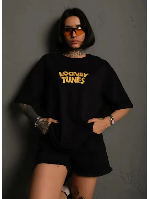 Kadın Bisiklet Yaka Baskılı Oversize  Kısa Kol T-shirt - Siyah