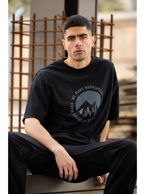 Erkek Baskılı T-shirt Kısa Kol Bisiklet Yaka Regular Fit Rahat Kalıp Günlük Tişört - Siyah