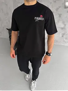 Erkek Kısa Kol Yazlık Tişört Bisiklet Yaka Baskılı Oversize T-shirt - Siyah